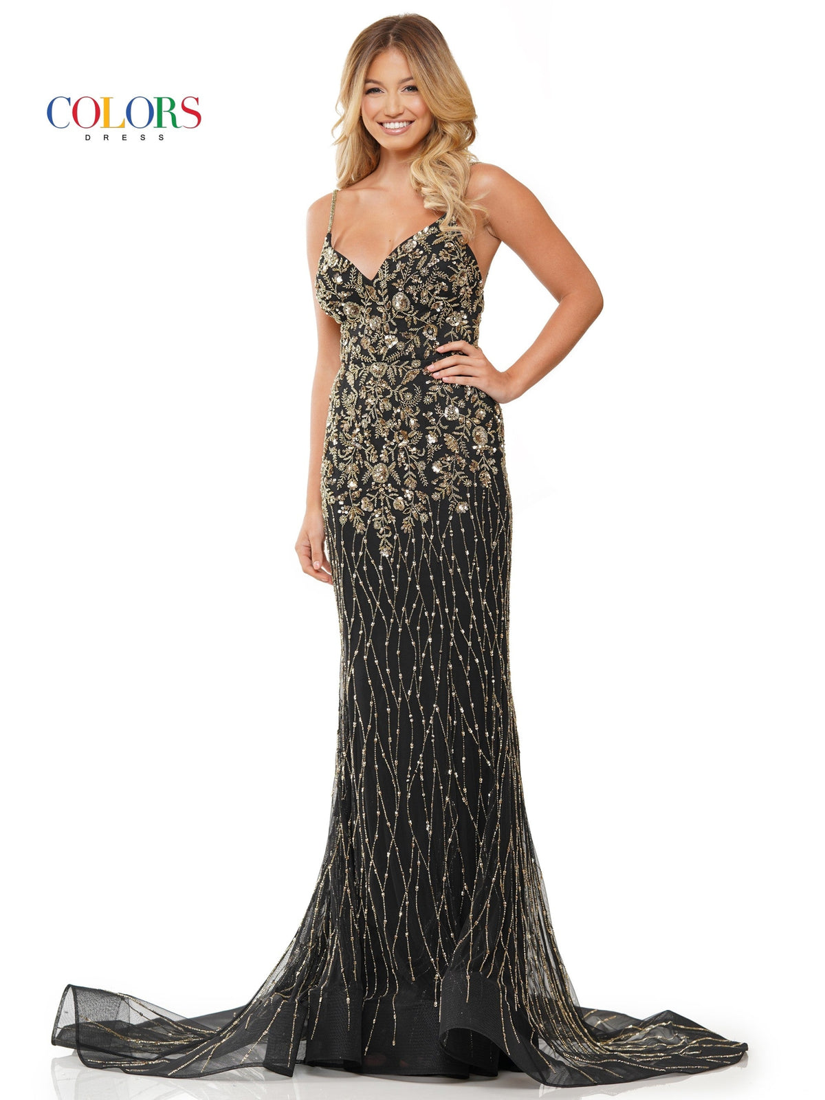 Colors Dress 3152_BLACK_GOLD_FRONT