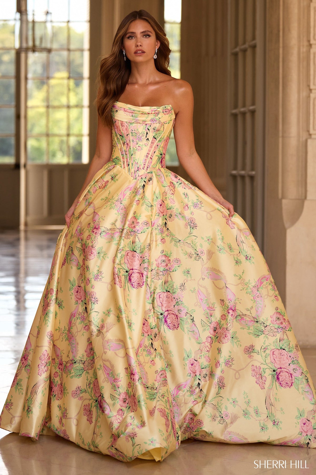 Sherri Hill 57797-lightyellowprint-dress-2